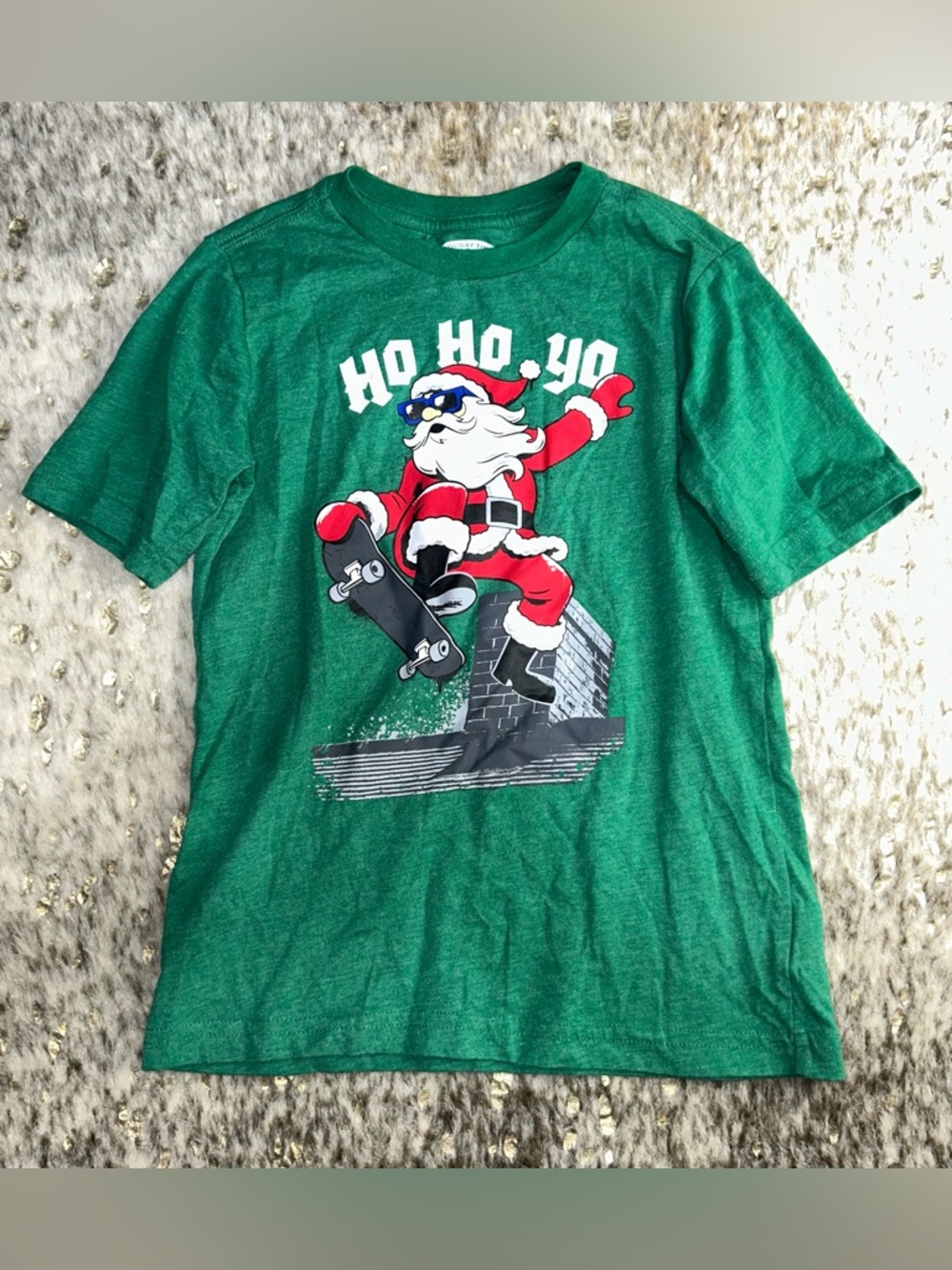 5‎ for $25🔥Holiday Time "Ho Ho Ho" Skater Santa Green T-Shirt Kids Small (6/7)